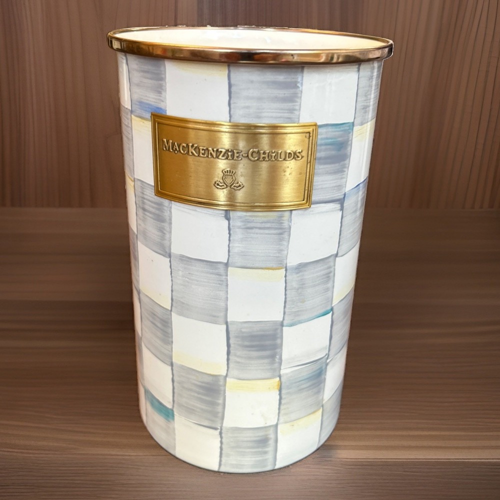 MACKENZIE CHILDS Enameled Steel Utensil Holder Sterling Check Kitchen 8.5x5